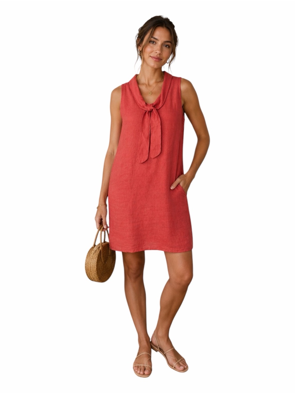 Stella Martini Linen Shift Dress L Coral Made Italy Tie Neck Sleeveless